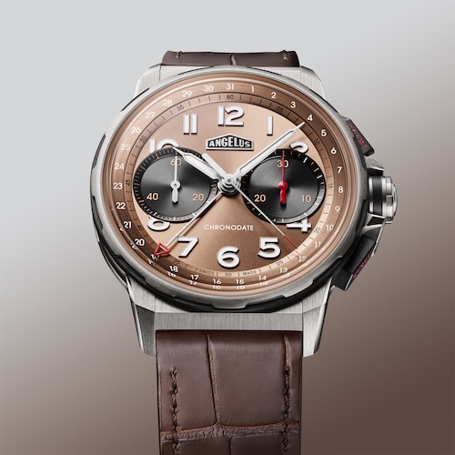 Angelus Chronodate Titan Moka Edition Alligatorleder Das mokkafarbene Zifferblatt ist mit einem Sonnenschliff versehen. Die arabischen Ziffern sind appliziert.