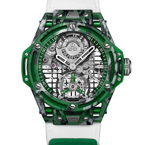 HUBLOT BIG BANG TOURBILLON NOVAK DJOKOVIC GOAT EDITION GREEN (4) Mit acht Exemplaren für die Siege auf Rasen ist die grüne Version des Tourbillons die seltenste.