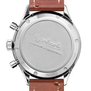 Der geschraubte Gehäuseboden aus Edelstahl ist mit dem historischen Hanhart-Schriftzug geprägt.