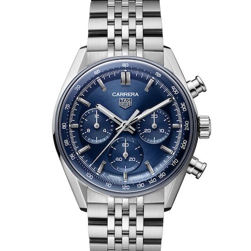 TAG Heuer Carrera Chrongraph Glassbox blau Der TAG Heuer Carrera Chronograph mit einem einfarbigen blauen Zifferblatt.