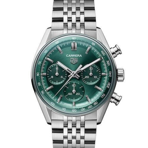 TAG Heuer Carrera Chronograph Glassbox blaugruen Die facettierten und rhodinierten Zeiger für Stunden und Minuten sind mit weißer Super-Luminova versehen.