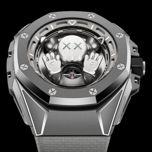Audemars Piguet Royal Oak Concept Tourbillon Companion Die von Audemars Piguet mit KAWS entwickelte Royal Oak Concept Tourbillon »Companion«mit peripherer Zeitanzeige und Comic-Figur ist komplett aus Titan gefertigt.