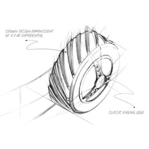 Das Design der Uhrenkrone ist von dem Differentialgetriebe eines Automobils inspiriert und mit der Abbildung eines Lenkrads graviert.