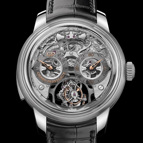 Girard-Perregaux Minute Repeater Tri-Axial Tourbillon Titan Front Das Girard-Perregaux Minute Repeater Tri-Axial Tourbillon sitzt in einem 48 Millimeter großen Titangehäuse. Sein Handaufzugskaliber inszeniert die Minutenrepetition auf der Vorderseite.