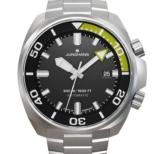 Junghans Aquaris Diver Gelb 27_4267.44 Edelstahlband Die Aquaris Diver ist die erste Taucheruhr von Junghans mit einem mechanischen Innenleben.