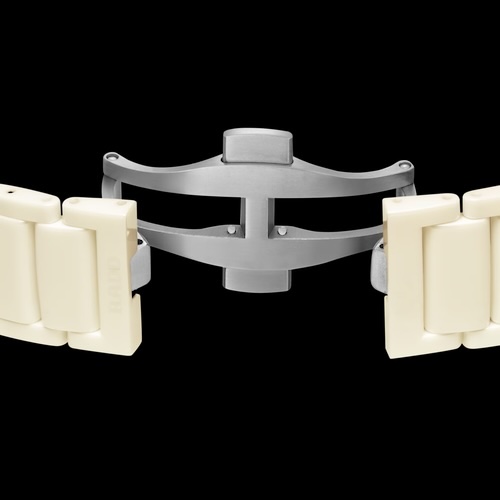 Das Keramikarmband der Rado True Round x Les Couleurs Le Corbusier besitzt eine Titanschließe.