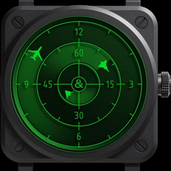 Drei Flugzeugsymbole signalisieren auf der Bell & Ross BR-03 Green Radar Ceramic die Uhrzeit.
